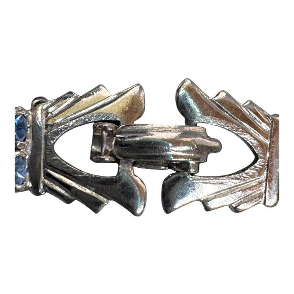 Vintage Silver-Tone Tennis Bracelet Topaz Blue Glass Rhinestones 6.5” Art Deco - Picture 3 of 6